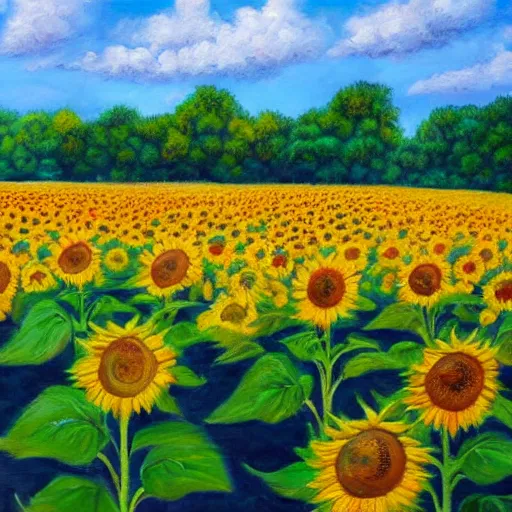 Prompt: award winning painting of a sunflower field, beautiful sunny summers day, highly detailed oil canvas, vibrant warm colors, 4k