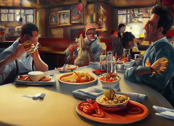 Prompt: a painting of mr krabs eating at a restaurant, highly detailed, photorealistic, trending on artstation, cgsociety, sharp focus