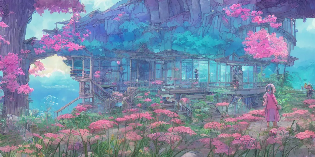 Image similar to bathhouse and nature, modern contemporary, lanterns. watercolor art, expansive cinematic view, volumetric shading, intricate and detailed, highly saturated colors. breath of the wild style, by hayao miyazaki ghibli!!!. pastel!! pink!! accents. trending on artstation. award winning