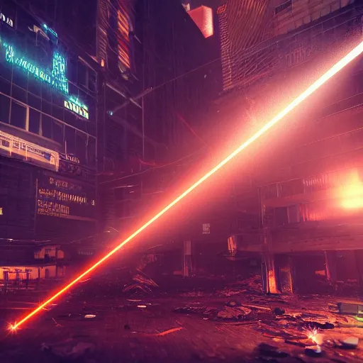 Prompt: a laser shotting teradactyl in destroyed city cyberpunk, fantasy, 4 k, octane render