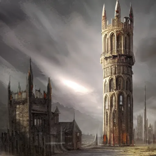 Image similar to giant medieval tower concept art, impossibly tall, dramatic lightning, trending on deviantart