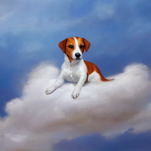 Prompt: jack-russell sleeping on a cloud, artwork by mark arian