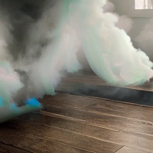 Image similar to muted-neon-color-smoke wisps waft on a current of air through a low energy cluttered parlor and coalesce onto the floor into a close-up outline reminiscent of a high-energy racing horse crossing the finish line.