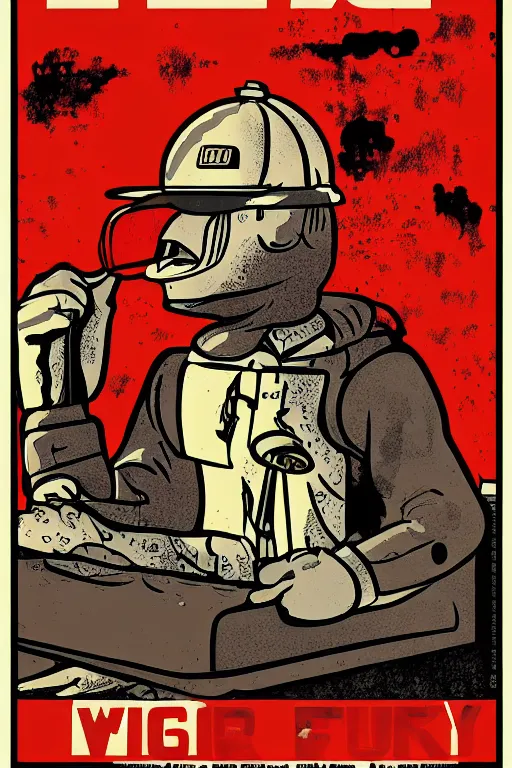 Prompt: worker burn factory with oculus through his head, poster propaganda art style, higly detailed