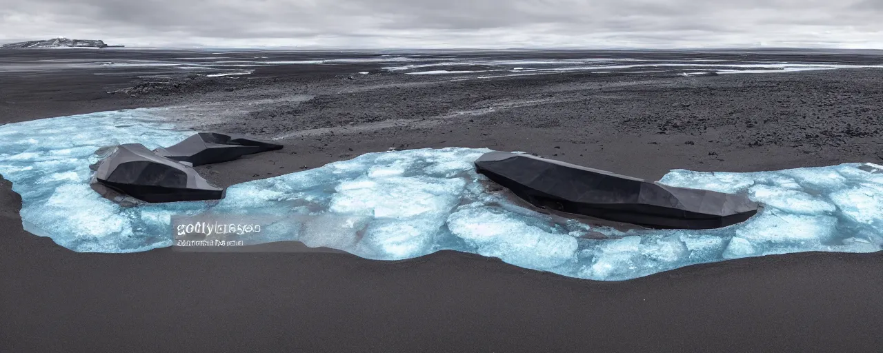 Image similar to cinematic shot of giant symmetrical futuristic military spacecraft in the middle of an endless black sand beach in iceland with icebergs in the distance,, 2 8 mm