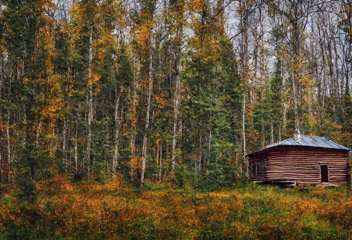 Image similar to old cabin in a forest 4k autumn cinematic low angle trees lonely clear view logs overgrown pasture green blue tones