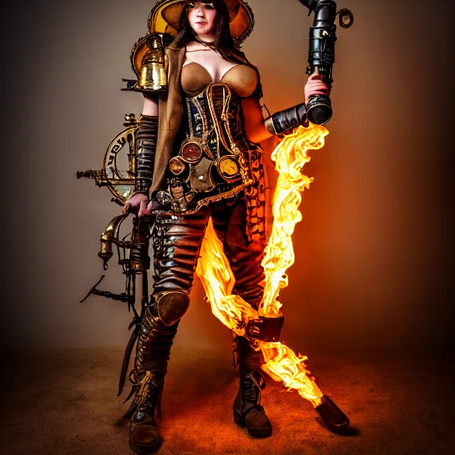 Prompt: full length photo of a beautiful steampunk warrior with a flamethrower, 8 k, hdr, smooth, sharp focus, high resolution, award - winning photo
