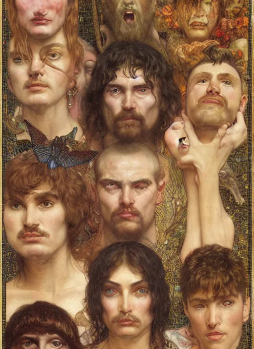 Prompt: hyper realistic painting of a mosaic of different facial expressions, in the style of wayne barlowe, gustav moreau, goward, gaston bussiere and roberto ferri, santiago caruso, and austin osman spare, bouguereau, mucha, saturno butto, sorayama. occult art, alchemical diagram