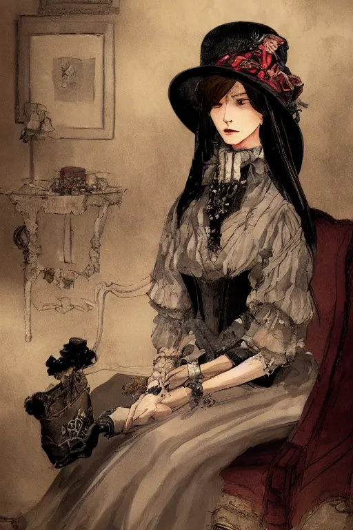 Prompt: victorian widow by akihiko yoshida, feng zhu