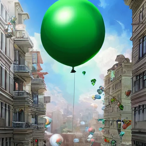 Image similar to plenty of floating birthday balloons. beautiful city. digital art, highly - detailed, artstation cgsociety masterpiece