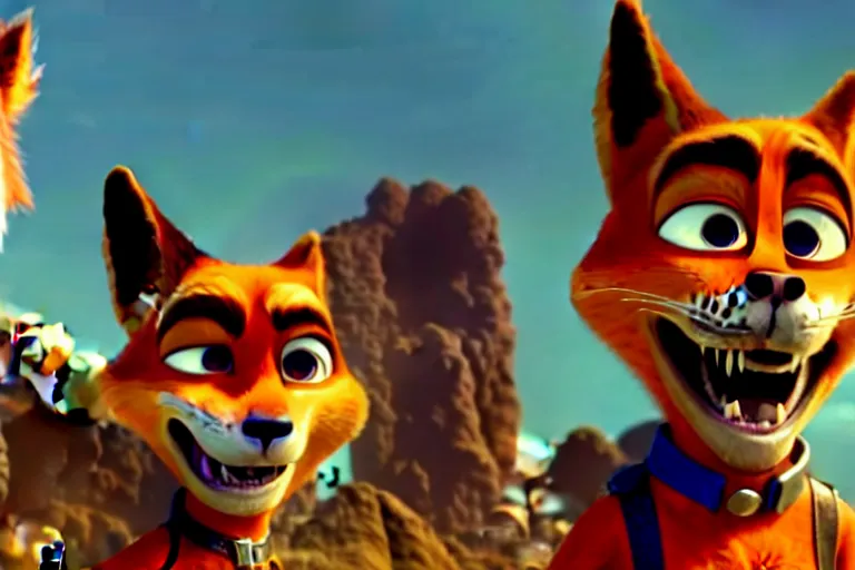 Image similar to nick wilde, heavily armed and armored facing down armageddon in a dark and gritty reboot from the makers of mad max : fury road : witness me