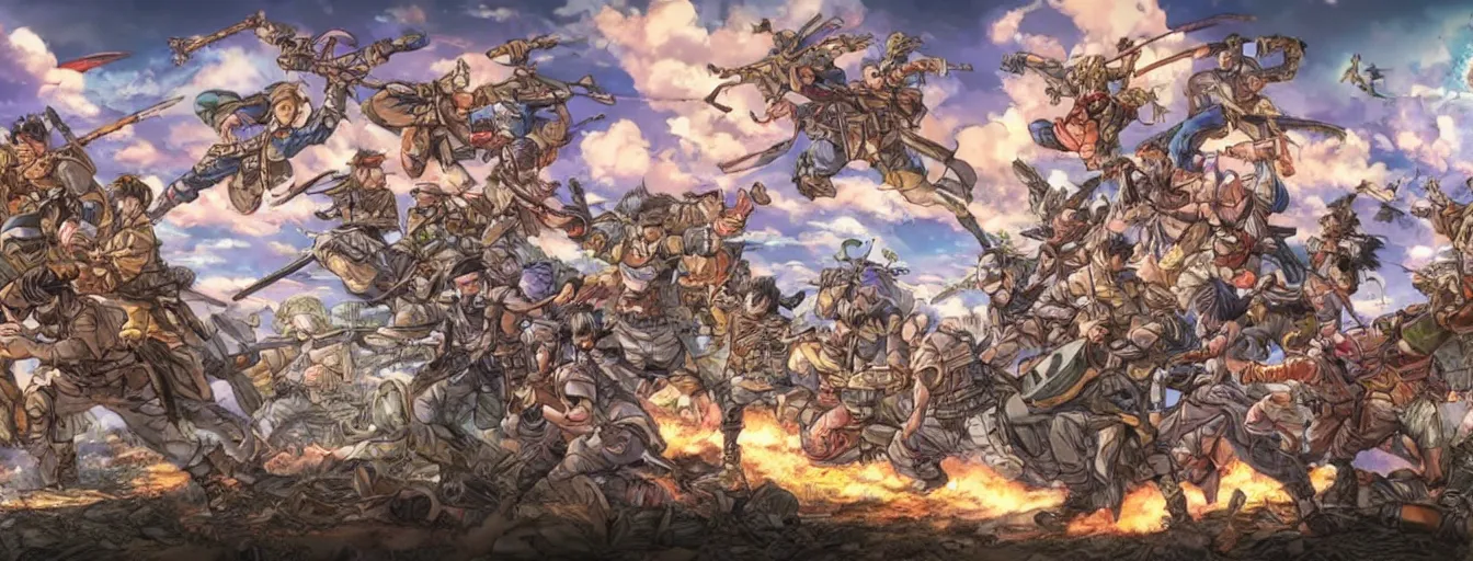 Prompt: soldiers fighting on a battlefield with spirit power flying around. hyperrealistic anime background illustration by kim jung gi, colorful, extremely detailed intricate linework, smooth, super sharp focus, bright colors, high contrast, matte, octopath traveler, unreal engine 5 highly rendered, global illumination, radiant light