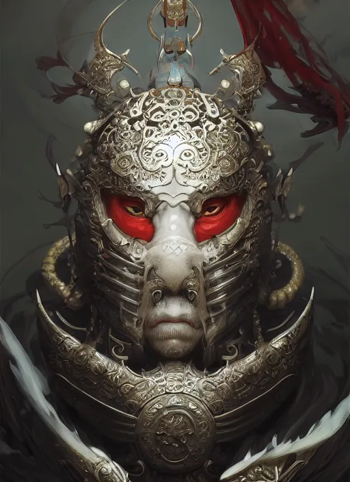 Image similar to subsurface scattering, white, koi, samurai deity with filigree armor, by jesper ejsing, james jean, justin gerard, tomasz alen kopera, cgsociety and fenghua zhong, highly detailed, rim light, cinematic lighting, illustration, art, octane render, very coherent, cinematic, hyper realism, high detail, 8 k