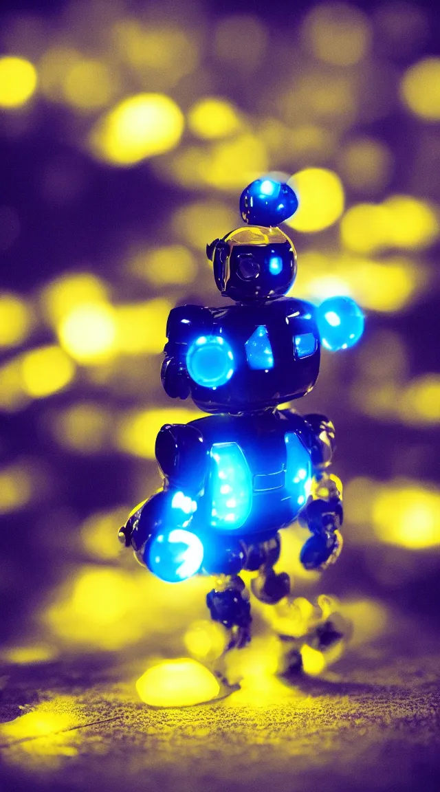 Prompt: tiny robot in the dark, hrd, hyperrealistic, hyper detailed, tiny, lights, bokeh, yellow, purple, blue,