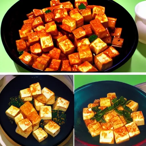 Image similar to mapo tofu cartoon, anime food, studio ghibli food