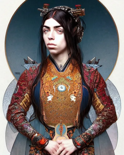 Image similar to portrait of a turkish masculine female billie eilish cyberpunk machine, machine face, full body portrait, decorated with ottoman opera motifs, muscular, asian, fine china, wuxia, traditional chinese art, intricate intense elegant, highly detailed symmetry headpiece digital painting artstation concept art smooth sharp focus illustration, art by artgerm and greg rutkowski alphonse mucha 8 k