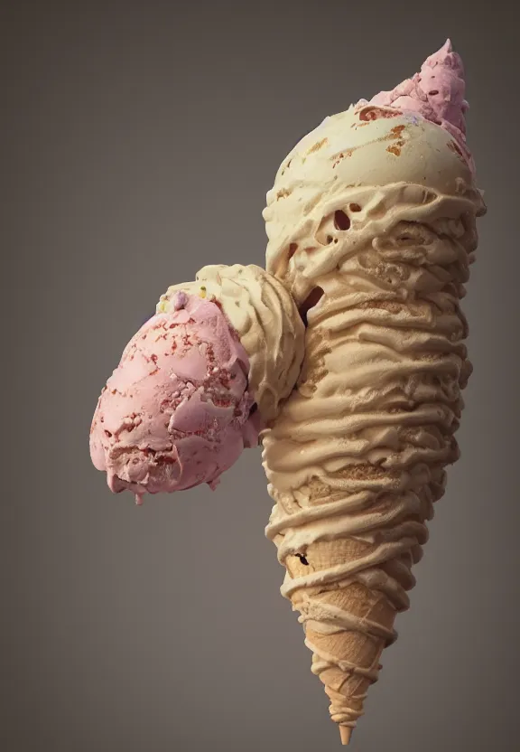 Image similar to biomorphic painting of screaming ice cream in a cone, au naturel, hyper detailed, melting plastic, trending in artstation, cinematic lighting, studio quality, smooth render, unreal engine 5 rendered, octane rendered, art style by dorothea tanning and marco mazzoni and ian sprigger and wlop and krenz cushart