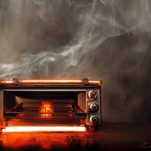 Image similar to head of toaster oven mecha, dark messy smoke - filled cluttered workshop, dark, dramatic lighting, orange tint, cinematic, highly detailed, sci - fi, futuristic, movie still