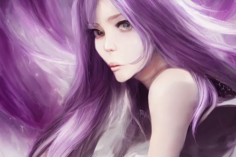 Image similar to A girl who's hair is light-silvery with a tint of purple, waist-length. orchid purple eyes. Elf ears Her skin is Ivory White pixiv artist WLOP artstation artist Mam BA artstation real photo very detailed