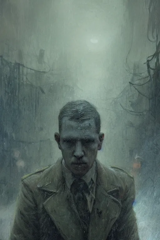 Image similar to , h p lovecraft at the trenches of somme hyperrealistic portrait, rainy weather, bladerunner street, art of elysium by jeremy mann and alphonse mucha and greg rutkowski, fantasy art, photo realistic, dynamic lighting, artstation, poster, volumetric lighting, very detailed face, 4 k, award winning