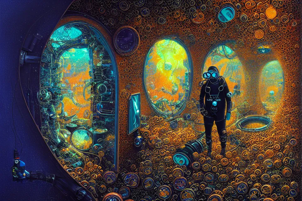 Image similar to detailed portrait of a cyberpunk scuba diver inside a dmt portal by james r eads and tomasz alen kopera gediminas pranckevicius