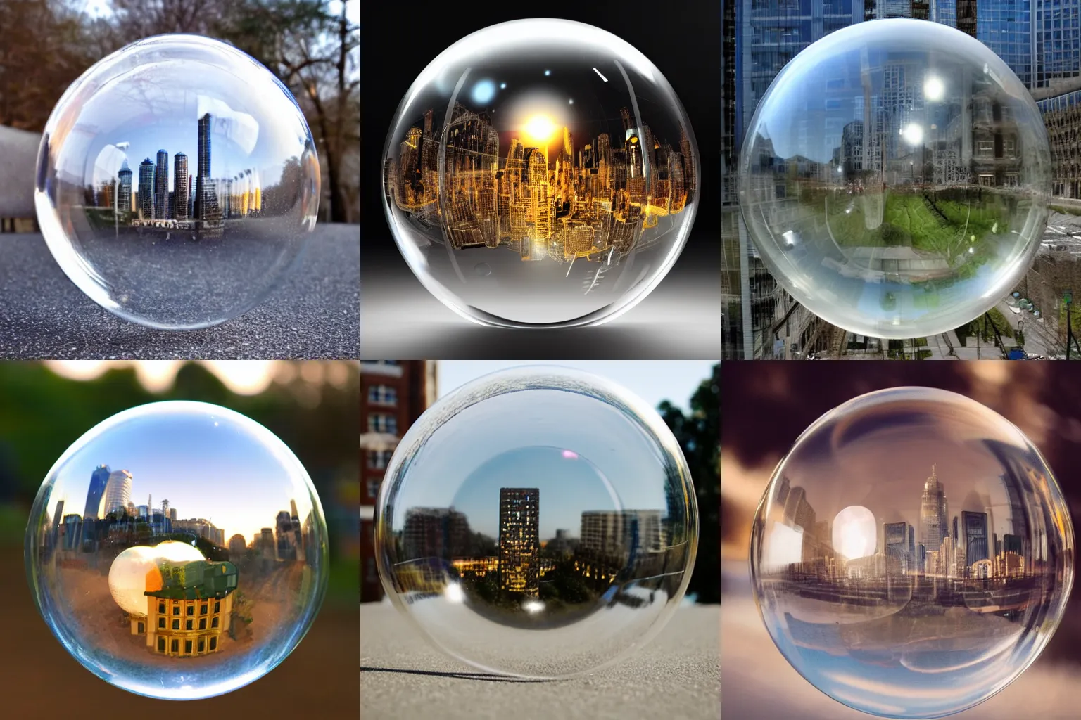 Prompt: single spherical glass bubble filled with tiny city