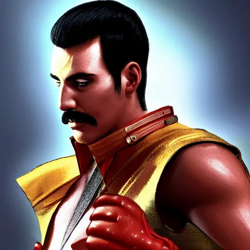 Image similar to freddy mercury as ken street fighter, uppercut, ultra realistic, concept art, intricate details, highly detailed, photorealistic, octane render, 8 k, unreal engine, art by frank frazetta, simon bisley, brom