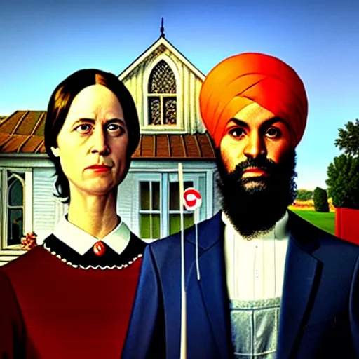 Image similar to Justin Trudeau together with Jagmeet Singh in the american gothic painting, concept art, sharp focus, highly detailed digital painting by Grant Wood, artstation