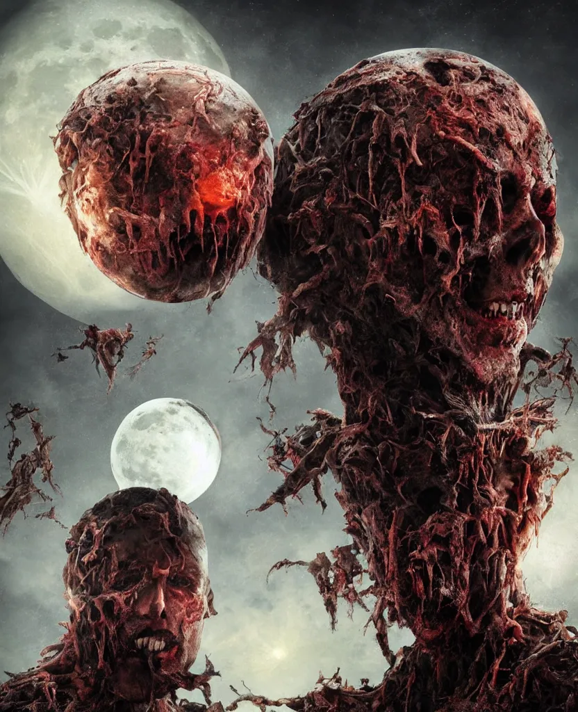 Image similar to moon sphere made from thousands of rotten demonic bloody corpses of Nicolas Cage, body horror, flesh, blood, grotesque hell, highly detailed, vivid colors, dark shadows, contrast, concept art, sharp focus, digital art, Hyper-realistic, 4K, Unreal Engine, Highly Detailed, Dramatic Lighting, Beautiful, by Brom, bastien lecouffe-deharme