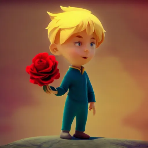 Image similar to cinematic scene of the little prince holding a red rose illustration, bokeh, octane render, award winning, trending on art station