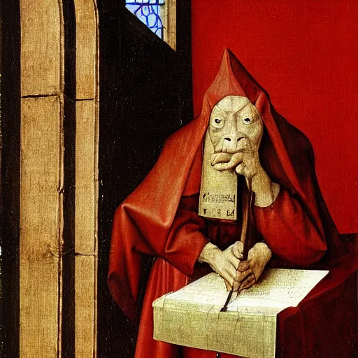 Prompt: red devil gargoyle on a conference call, Medieval painting by Jan van Eyck, Hieronymus Bosch, Florence