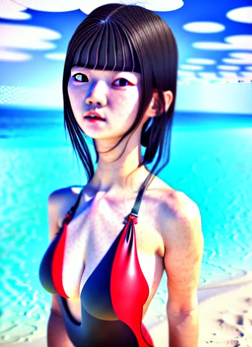 Prompt: ulzzang korean girl wearing one - piece swimsuit portrait, beach background, full body shot, ilya kuvshinov, anime, pixiv top monthly, trending on artstation, cinematic, danbooru, zerochan art, kyoto animation