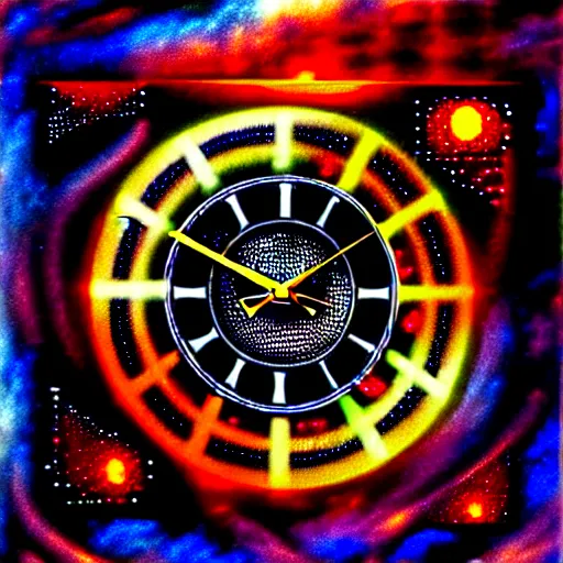 Prompt: sci-fi illustration, an extreme detailed painting with detailed textures of a clock made out of quantum fire dreamscape seen in a vision, disturbing cybergothic high image quality