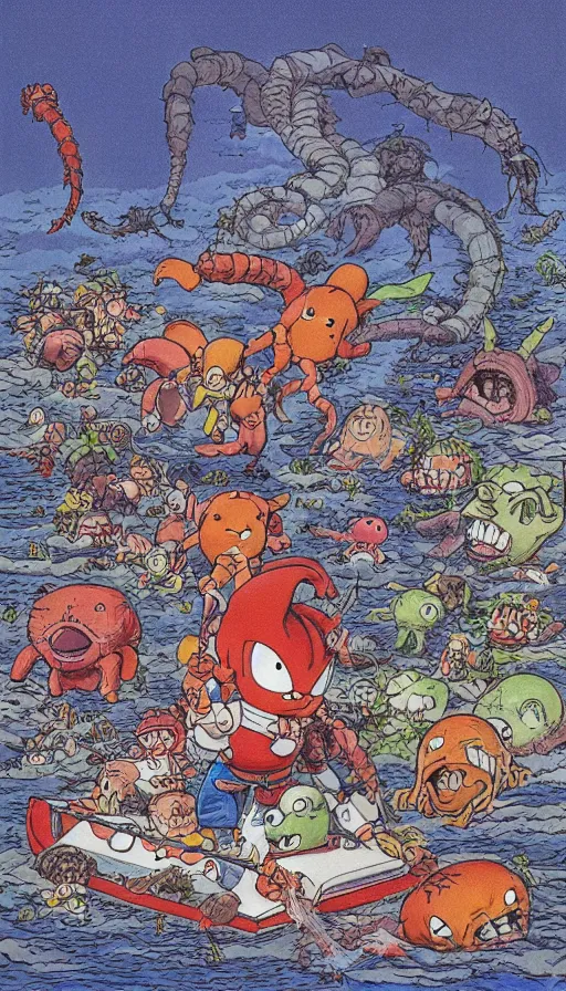 Image similar to man on boat crossing a body of water in hell with creatures in the water, sea of souls, by akira toriyama