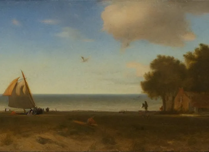 Prompt: texel, the netherlands as the background in the style of hudson river school of art, oil on canvas