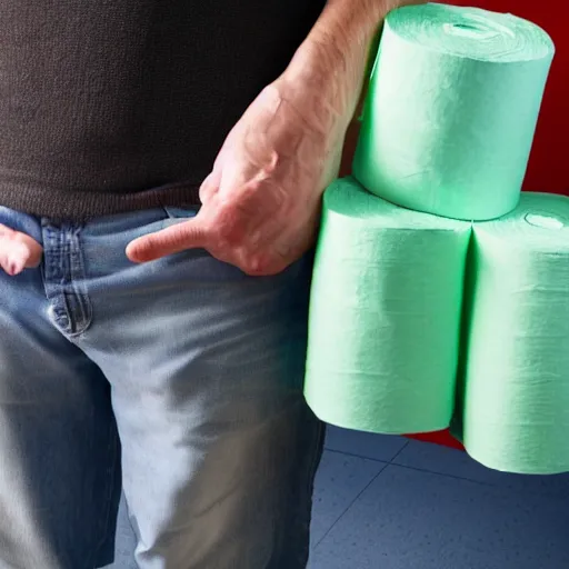 Prompt: a stock photo of a man holding too many rolls of toilet paper