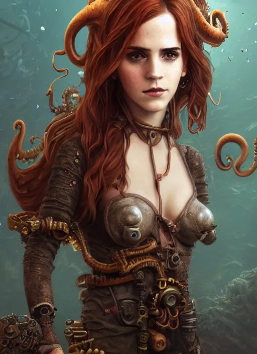 Image similar to underwater steampunk pirate portrait of emma watson, red hair, octopus, giger, hyper detailed, digital art, cinematic lighting, studio quality, smooth render, unreal engine 5, octane rendered, art style by klimt and nixeu and ian sprigger and wlop and krenz cushart.