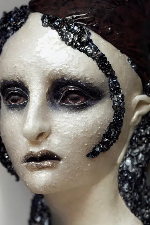 Prompt: hyperrealism close - up fractured dark obsidian statue of a beautiful medieval woman's fractured face blended with crystallic flowers in style of classicism, pale skin, ivory make up, wearing black silk robe, dark and dull palette
