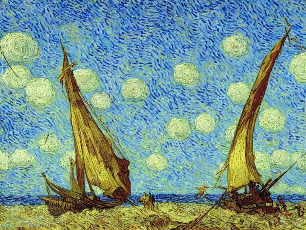 Image similar to oil painting of a viking longship beached on a desert island in the south pacific, light scatter, van gogh