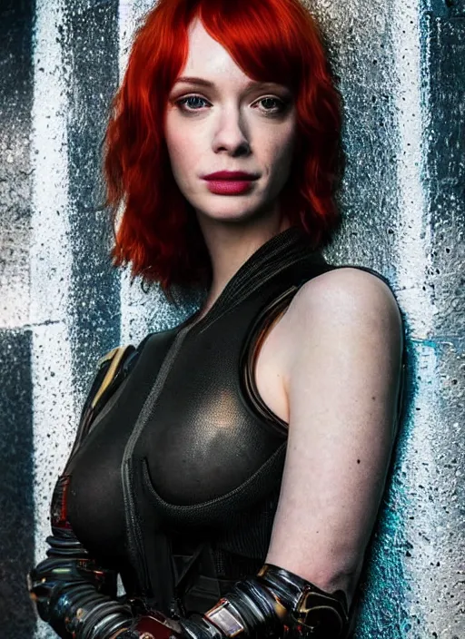 Prompt: facing the camera!!! upper body photograph portrait of a very pretty!!! christina hendricks in cyberpunk 2 0 7 7, dynamic pose, shiny skin, oily, symmetric face!!, petzval lens, sharp focus, smooth, space station. by alesio albi and george lucas and stanley kubrick