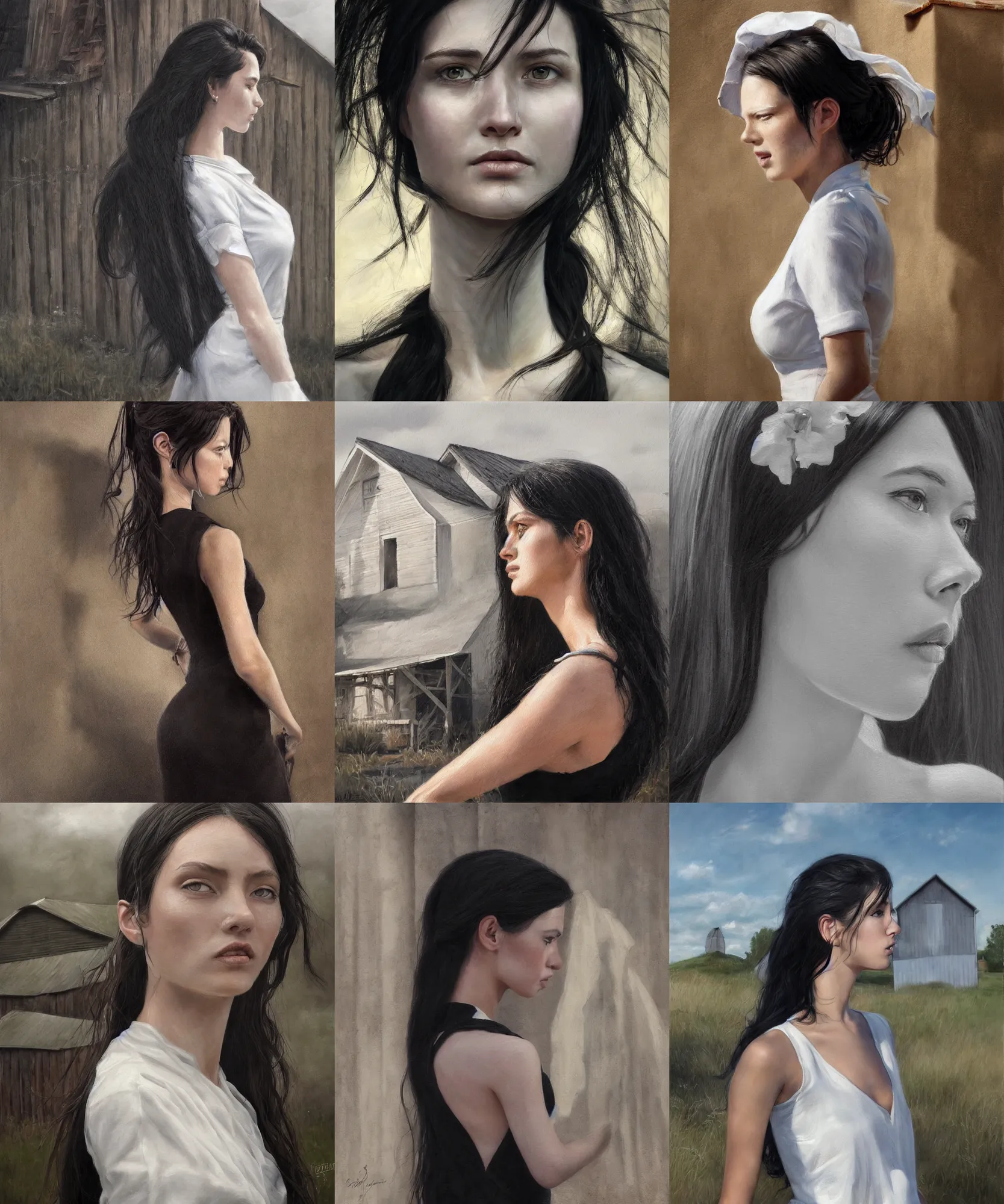 Prompt: hyper realistic detailed painting of a young woman in the shadow of a barn. perfect face, black hair, white dress, highly detailed, sharp focus, art by eddie mendoza, wide angle.