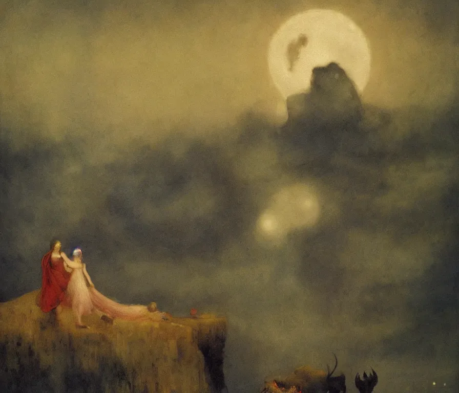 Prompt: dramatic lighting romantic painting titled'mama here comes midnight with the dead moon in its jaws ', magical realism symbolist, full landscape with hybrid animal figures, painted by arnold bocklin and odilon redon, shocking detail trending on artstation 8 k