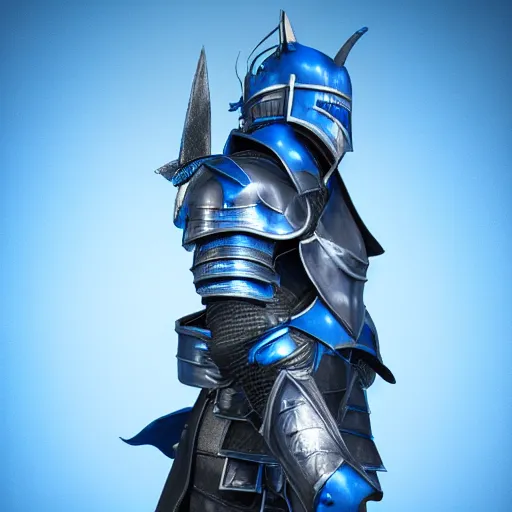 Image similar to still photo of a blue knight, highly detailed, 3 5 mm portrait, bright studio setting, studio lighting, crisp quality and light reflections, unreal engine 5 quality render,
