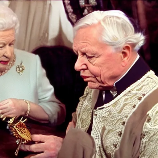 Image similar to david attenborough playing queen elizabeth, scene from movie