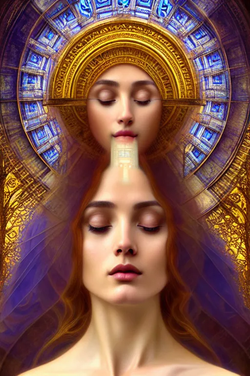 Image similar to portrait of a beautiful goddess face merging with a cathedral building, unusual beauty, etheric, emotionally evoking symbolic metaphors, head in focus, fantasy, ornamental, intricate, elegant, sensual, highly detailed digital painting, artstation, concept art, painterly, golden ratio, sharp focus, illustration, art by Antonio Mora and John William Godward and Alphonse Mucha and Zdzisław Beksiński,