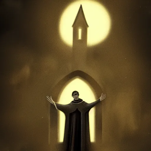 Prompt: A terrified catholic priest in his twenties at the top of a medieval tower watches as an ominous yellow shadow descends upon him from the night sky. He is een from above fervently praying. Dramatic lighting. Award-winning digital art, trending on ArtStation