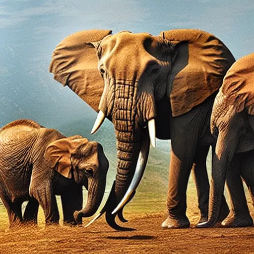 Image similar to three elephants having a cool birthday party, photo, highly detailed