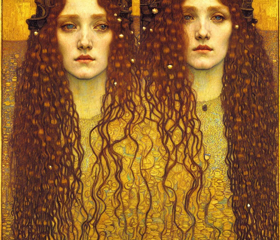 Image similar to detailed realistic beautiful young medieval queen face portrait by jean delville, gustav klimt and vincent van gogh, art nouveau, symbolist, visionary, gothic, pre - raphaelite, muted earthy colors, desaturated