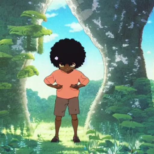 Image similar to dark skin man in a studio ghibli film, nature, dreamy