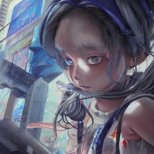 Image similar to dynamic composition, motion, ultra-detailed, incredibly detailed, a lot of details, amazing fine details and brush strokes, colorful and grayish palette, smooth, HD semirealistic anime CG concept art digital painting, watercolor oil painting of Clean and detailed post-cyberpunk sci-fi close-up schoolgirl in asian city in style of cytus and deemo, blue flame, relaxing, calm and mysterious vibes,, by a Chinese artist at ArtStation, by Huang Guangjian, Fenghua Zhong, Ruan Jia, Xin Jin and Wei Chang. Realistic artwork of a Chinese videogame, gradients, gentle an harmonic grayish colors. set in half-life 2, Matrix, GITS, Blade Runner, Neotokyo Source, Syndicate(2012), dynamic composition, beautiful with eerie vibes, very inspirational, very stylish, with gradients, surrealistic, dystopia, postapocalyptic vibes, depth of field, mist, rich cinematic atmosphere, perfect digital art, mystical journey in strange world